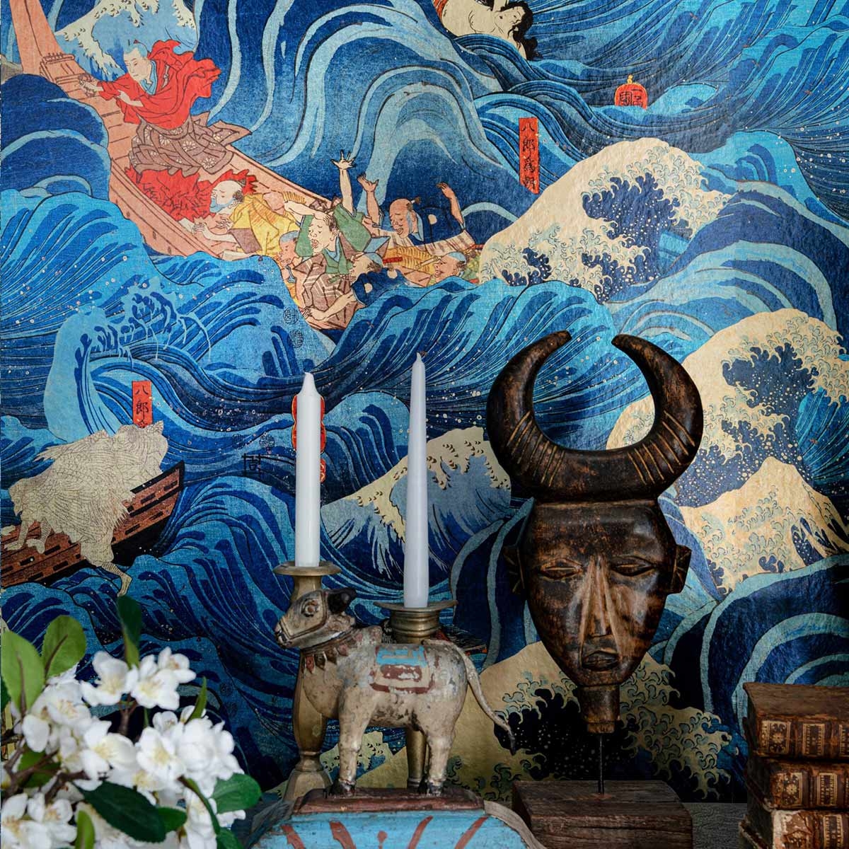 Blue Vintage Japanese Floral Wall Mural